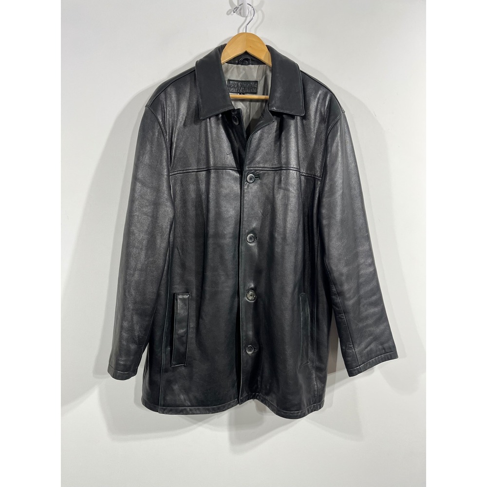 Brandini Mens Black Leather Coat Button Front Jacket Shacket Large Motorcycle